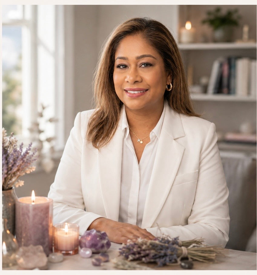 Founder of the store smiling at a table decorated with lavender, crystals, and candles in a warm wellness-inspired setting.